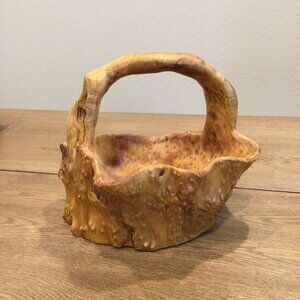 Wood Burl Root Basket Bowl w/ Handle Hand Carved Wooden 8” Tall